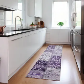 8' Runner Purple Patchwork Washable Non Skid Indoor Outdoor Runner Rug