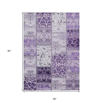 5' X 8' Purple Patchwork Washable Non Skid Indoor Outdoor Area Rug