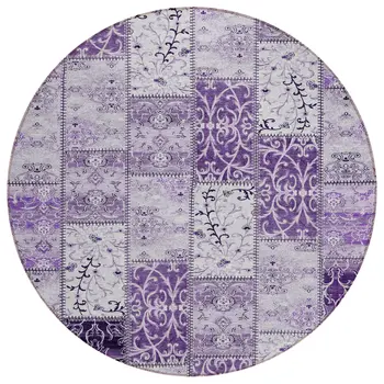 8' Round Purple Round Patchwork Washable Non Skid Indoor Outdoor Area Rug