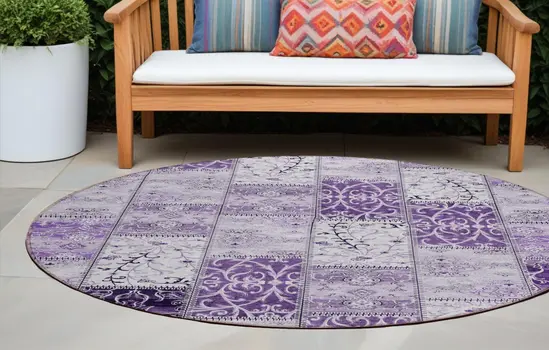 8' Round Purple Round Patchwork Washable Non Skid Indoor Outdoor Area Rug
