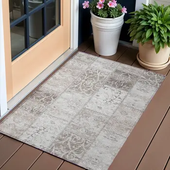 2' X 3' Taupe Patchwork Washable Indoor Outdoor Area Rug