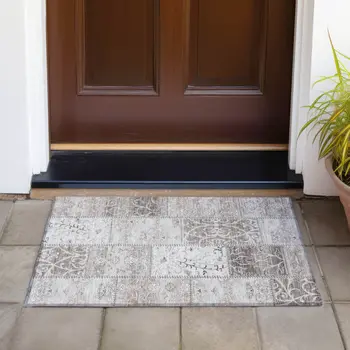 2' X 3' Taupe Patchwork Washable Indoor Outdoor Area Rug