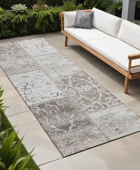 8' Runner Taupe and Ivory Patchwork Washable Non Skid Indoor Outdoor Runner Rug