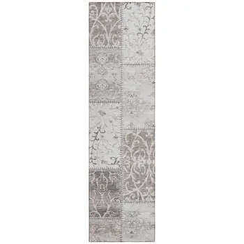 8' Runner Taupe and Ivory Patchwork Washable Non Skid Indoor Outdoor Runner Rug