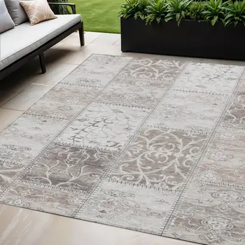 5' X 8' Taupe Patchwork Distressed Washable Indoor Outdoor Area Rug