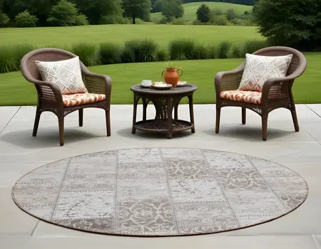 8' Taupe And Ivory Round Patchwork Washable Indoor Outdoor Area Rug