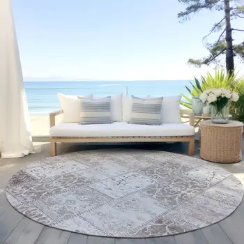 8' Taupe And Ivory Round Patchwork Washable Indoor Outdoor Area Rug