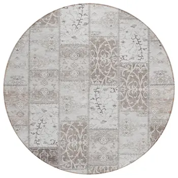 8' Taupe And Ivory Round Patchwork Washable Indoor Outdoor Area Rug