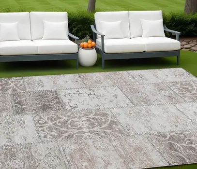 9' X 12' Taupe and Ivory Patchwork Washable Non Skid Indoor Outdoor Area Rug