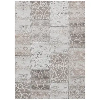 9' X 12' Taupe and Ivory Patchwork Washable Non Skid Indoor Outdoor Area Rug