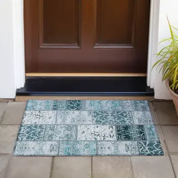2' X 3' Teal Patchwork Washable Non Skid Indoor Outdoor Area Rug