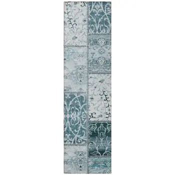8' Runner Teal Patchwork Washable Non Skid Indoor Outdoor Runner Rug