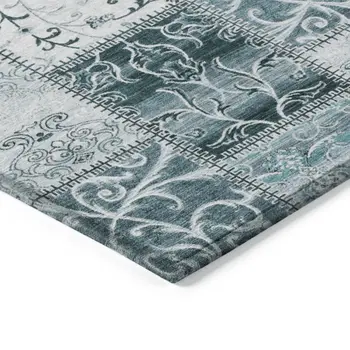 8' Runner Teal Patchwork Washable Non Skid Indoor Outdoor Runner Rug