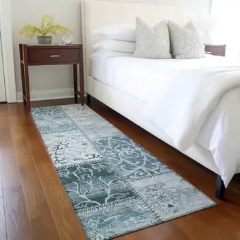 8' Runner Teal Patchwork Washable Non Skid Indoor Outdoor Runner Rug