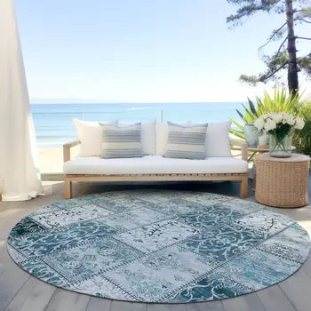 8' Round Teal Round Patchwork Washable Non Skid Indoor Outdoor Area Rug