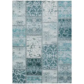 10' X 14' Teal Patchwork Washable Non Skid Indoor Outdoor Area Rug
