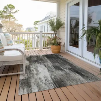 5' X 8' Gray And Black Abstract Washable Indoor Outdoor Area Rug
