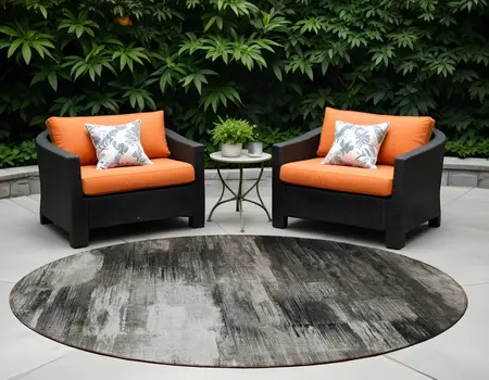 8' Gray And Black Round Abstract Washable Indoor Outdoor Area Rug