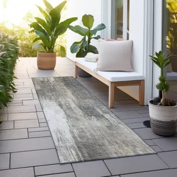 8' Taupe And Gray Abstract Washable Indoor Outdoor Runner Rug