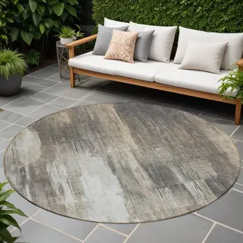 8' Taupe And Gray Round Abstract Washable Indoor Outdoor Area Rug