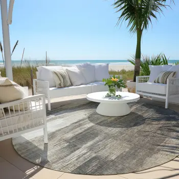 8' Taupe And Gray Round Abstract Washable Indoor Outdoor Area Rug