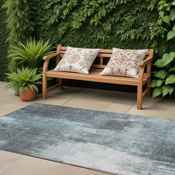 8' Runner Teal Abstract Washable Non Skid Indoor Outdoor Runner Rug