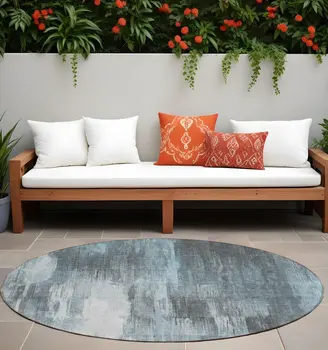 8' Round Teal Round Abstract Washable Non Skid Indoor Outdoor Area Rug