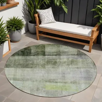 8' Olive Green Round Ombre Washable Indoor Outdoor Area Rug