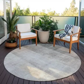 8' Round Taupe Round Ombre Washable Non Skid Indoor Outdoor Area Rug