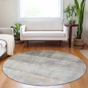8' Round Taupe Round Ombre Washable Non Skid Indoor Outdoor Area Rug