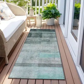 8' Runner Teal Ombre Washable Non Skid Indoor Outdoor Runner Rug