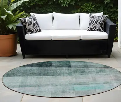 8' Round Teal Round Ombre Washable Non Skid Indoor Outdoor Area Rug