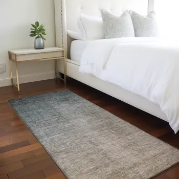 8' Taupe And Gray Ombre Washable Indoor Outdoor Runner Rug