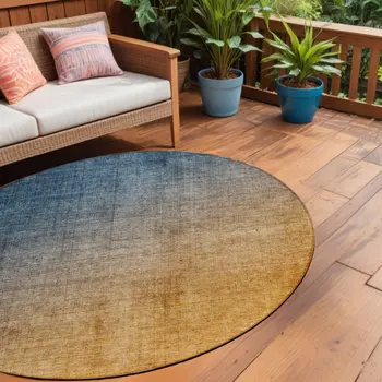 8' Gold Round Ombre Washable Indoor Outdoor Area Rug