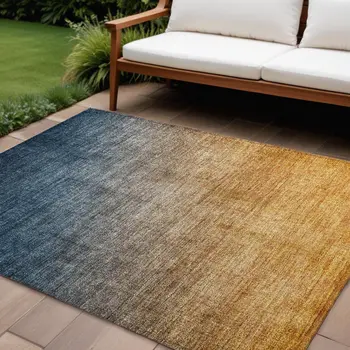 10' X 14' Denim and Gold Ombre Washable Non Skid Indoor Outdoor Area Rug
