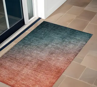2' X 3' Gray and Red Orange Ombre Washable Non Skid Indoor Outdoor Area Rug