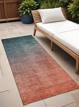 8' Runner Gray and Red Orange Ombre Washable Non Skid Indoor Outdoor Runner Rug