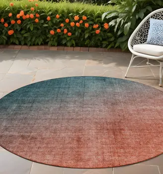 8' Round Gray and Red Orange Round Ombre Washable Non Skid Indoor Outdoor Area Rug
