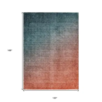 10' X 14' Gray and Red Orange Ombre Washable Non Skid Indoor Outdoor Area Rug