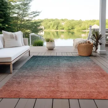 10' X 14' Gray and Red Orange Ombre Washable Non Skid Indoor Outdoor Area Rug
