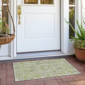 2' X 3' Artichoke Green Oriental Washable Non Skid Indoor Outdoor Area Rug