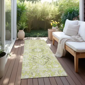 8' Runner Artichoke Green Oriental Washable Non Skid Indoor Outdoor Runner Rug