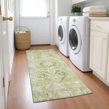 8' Runner Artichoke Green Oriental Washable Non Skid Indoor Outdoor Runner Rug
