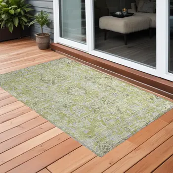 3' X 5' Artichoke Green Oriental Washable Non Skid Indoor Outdoor Area Rug