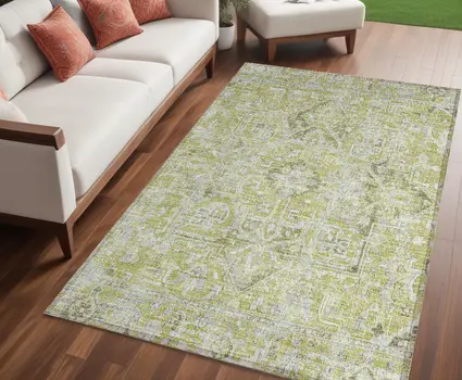 5' X 8' Artichoke Green Oriental Washable Non Skid Indoor Outdoor Area Rug