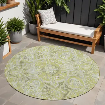8' Round Artichoke Green Round Oriental Washable Non Skid Indoor Outdoor Area Rug