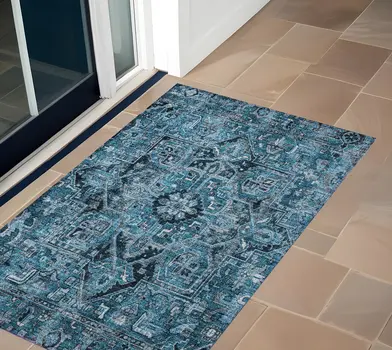 2' X 3' Denim and Gray Oriental Washable Non Skid Indoor Outdoor Area Rug