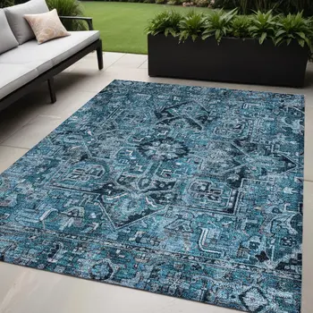 5' X 8' Denim and Gray Oriental Washable Non Skid Indoor Outdoor Area Rug