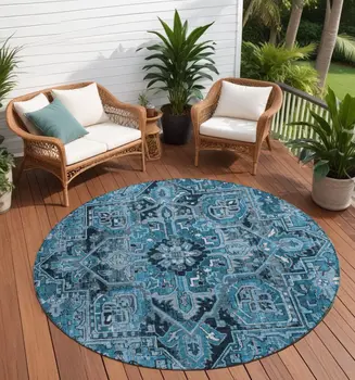 8' Gray Round Oriental Washable Indoor Outdoor Area Rug