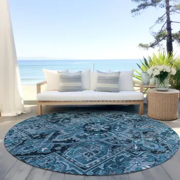 8' Gray Round Oriental Washable Indoor Outdoor Area Rug